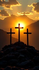 three crosses on a rocky mountain ridge, viewed from the front in dark silhouette, bright golden sunrise emerging behind, strong contrast and emotional tone, christian easter theme