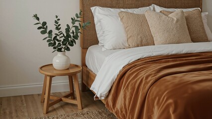 Wooden bedside table with ceramic vase and eucalyptus branch next to a comfortable bed featuring pillows, bed linens, and a soft brown velour throw, wicker rug on the floor in inviting bedroom