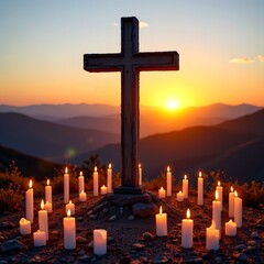 a cross on a hilltop surrounded by lit candles at dawn, warm golden sunrise in background, concept of remembrance, peace, and reverence, soft light glow