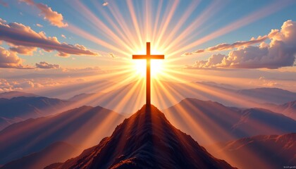 a glowing cross slightly hovering above a mountain peak with sunrise behind, no base, beams of golden light radiating downward, spiritual surreal symbolism