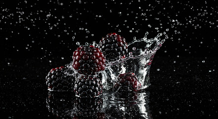 Blackberries are splashed with water, creating a dynamic and refreshing scene against a dark background, showcasing the fruit's freshness.
