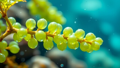 macro shot of sea grapes underwater, translucent green bubbles clustered along stem, clear warm water, ideal for seafood and skincare illustrations