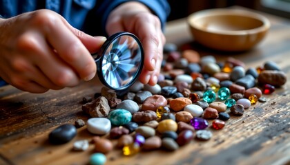 traditional gem sorting by hand with magnifier and light, close up focus on rough and cut stones