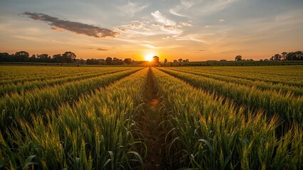 Sunset over a harvested wheat field