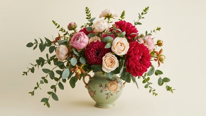 Obraz premium Vibrant floral arrangement featuring pink roses, red dahlias, and mixed greenery in an elegant vintage vase on a light background