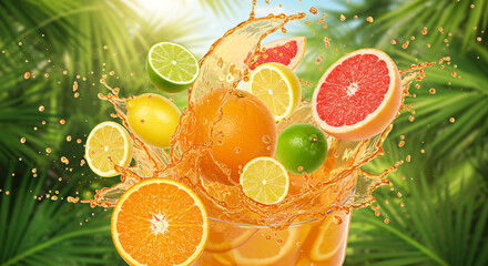 A vibrant splash of citrus juice with floating slices of orange, lemon, lime, and grapefruit against a backdrop of green palm fronds.