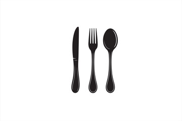 Elegant black cutlery set consisting of a knife, fork, and spoon isolated on a white background