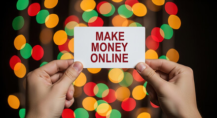 Make Money Online Concept: Hands Holding Sign Against Festive Bokeh Background, Financial Freedom, Earning Potential, Remote Work, and Business Opportunity
