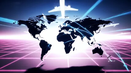 Dynamic Neon World Map with Blue Pulsating Lines and Airplane Trails on a Pink Grid Background - Powered by Adobe