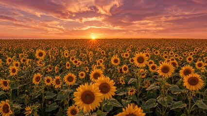 Sunflower field glowing under the setting sun
