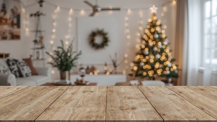 Empty table featuring a world map alongside warm seasonal decor and twinkling Christmas lights, snowy holiday scene, advertising display mockup