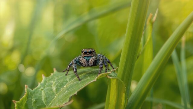 Hyllus diardi jumping spider resting on a lush leaf