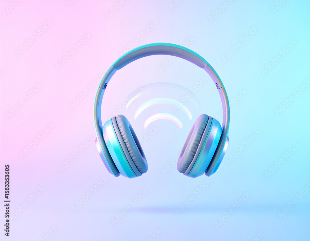Poster a pair of modern, wireless over-ear headphones with a vibrant blue and pink neon gradient color, flo