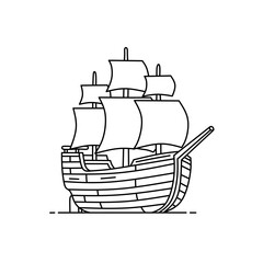 Obraz premium Outline drawing of an old wooden sailing ship with full sails. Vector nautical illustration ideal for coloring books, logos, educational materials, and marine designs