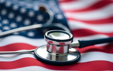 United States America healthcare medical concept - stethoscope on American flag. High quality