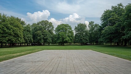 Open square floor area adjacent to vibrant woodland in a metropolitan park