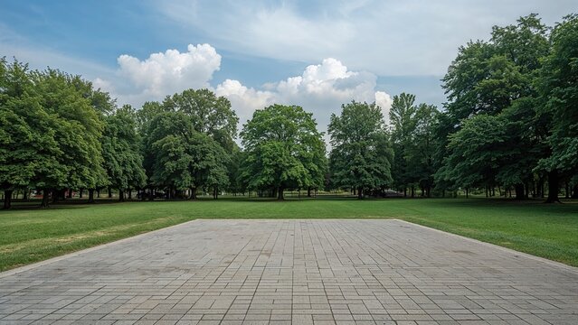Open square floor area adjacent to vibrant woodland in a metropolitan park