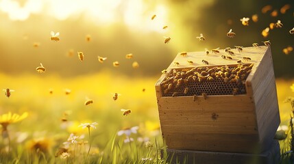 Beehive surrounded by blooming flowers
