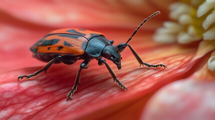 Fototapeta premium Close-up of a vibrant beetle on a flower petal.
