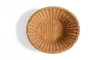 Top perspective of an empty basket made of wicker on a plain white background