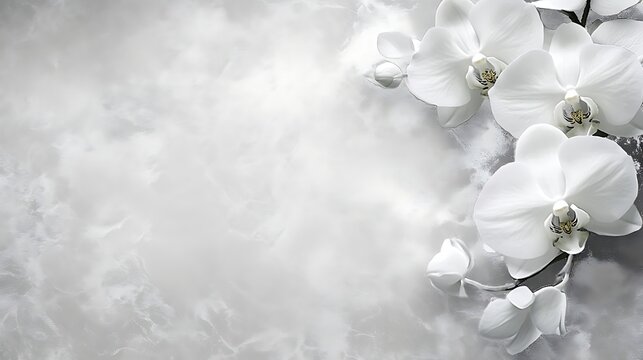 Delicate white orchids on a grey marble background - Powered by Adobe
