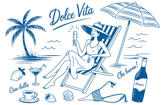 Beachside lifestyle illustration with woman under umbrella, wine, coffee, strawberry, bikini, and Italian phrases—evoking la dolce vita charm