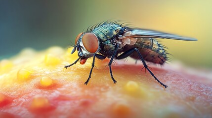Naklejka premium Close-up of a fly on a colorful surface.