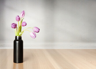 Pink and Yellow Tulips in Minimalist Black Vase