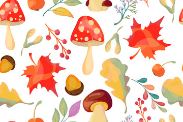 Seamless pattern with mushrooms, twigs and berries. Cute autumn drawing for background, textile, wrapping paper, wallpaper. Vector