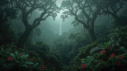Fog-covered tropical rainforest with a serene natural landscape