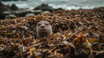 Eurasian Otter emerging from seaweed on a rocky coastline with waves in the background demonstrating natural coastal habitat