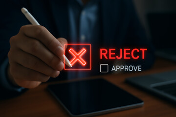 Man using stylus to select digital reject button in interface representing denial decision making and response action for approval or decline process in virtual environment