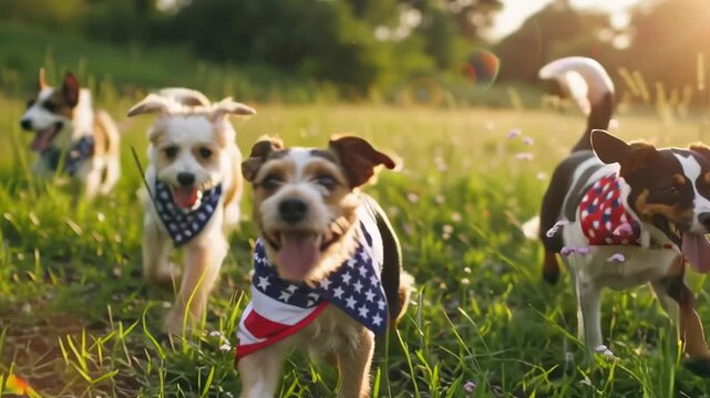 A dog wearing a red, white, and blue bandana is running in a field. The other dogs are also wearing bandanas and are running in the same field