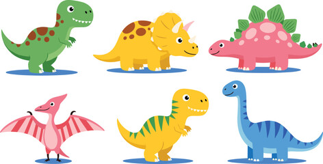 Cartoon dinosaurs vector set, cute prehistoric animals, children’s educational design, T-Rex, Triceratops, Stegosaurus, Pterodactyl, colorful illustration, playful learning