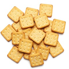 Pile of square crackers with salt isolated on white background
