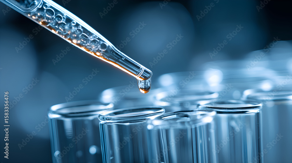 Poster pipette dropping liquid solution into test tubes in laboratory