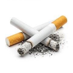Two cigarettes with ash isolated on white background