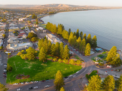 Aerial view of a busy coastal esplanade lined with trees and parkland