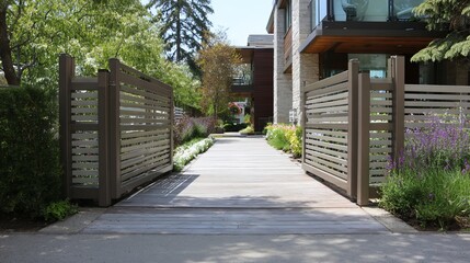 Obraz premium Modern gated entrance with wooden pathway leading to a contemporary home, surrounded by lush greenery.