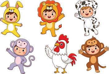 Cute kids in animal costumes, cartoon children dressed as bunny, lion, dog, monkey, chicken, fun playful illustration, colorful art