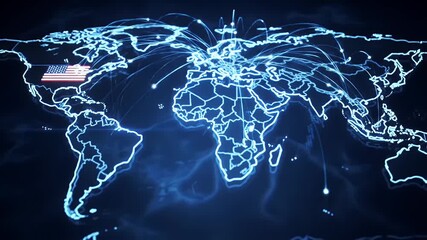 Global Communication Network Visualization Featuring Blue Line Connections Across a World Map with Focus on The United States of America - Powered by Adobe