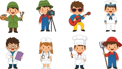 Kids dressed as doctor, chef, farmer, nurse, sailor, artist, musician, exploring careers, cartoon professions, educational vector illustration, teamwork