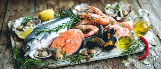 The colorful seafood platter with fresh fish, shrimp, and herbs garnishing.