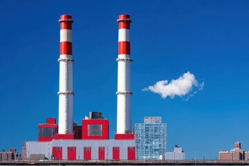 Obraz premium Industrial complex with two tall stacks stands against a brilliant blue sky