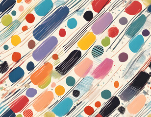 multicolored curved checkered lines and confetti, polka dots, striped pattern on a light background