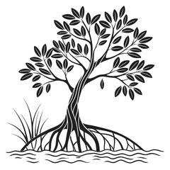Vector art of a black and white mangrove tree with roots isolated on white background