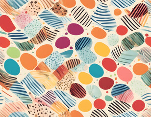 multicolored curved checkered lines and confetti, polka dots, striped pattern on a light background