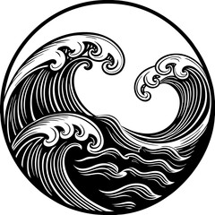 Vector art of two ocean waves crash inside a circle on white background