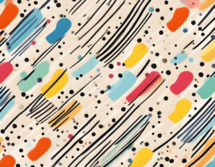 multicolored curved checkered lines and confetti, polka dots, striped pattern on a light background