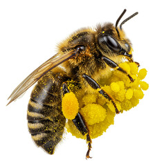Honeybee gathering pollen from yellow flowers in nature